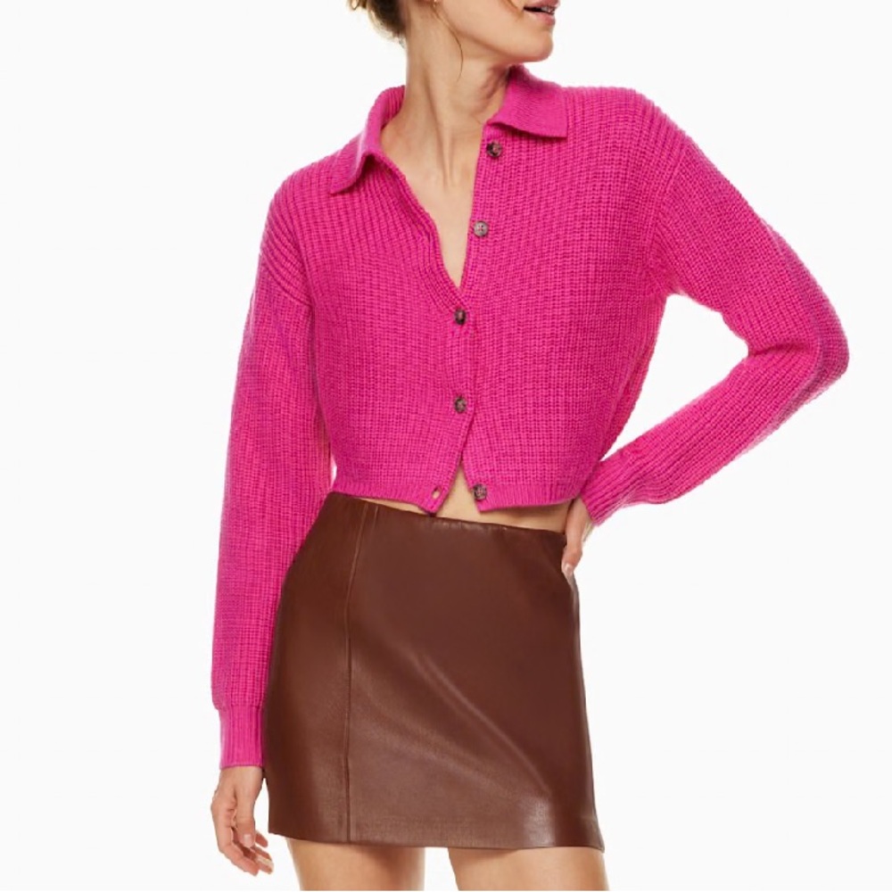 Aritzia Wilfred Next Door Vital Pink Ribbed Wool Cropped Cardigan Sweater - Picture 2 of 11